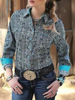 CRUEL DENIM Arena Fit Button Down L-Sleeve Shirt Geo Floral Teal/Black Women M